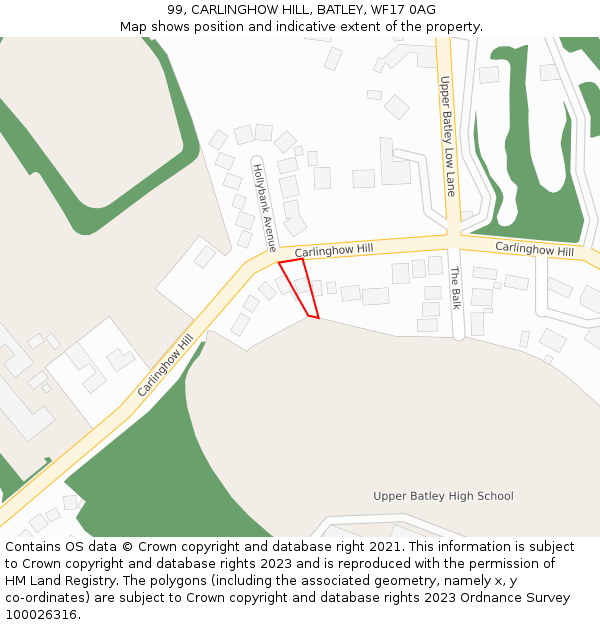 99, CARLINGHOW HILL, BATLEY, WF17 0AG: Location map and indicative extent of plot