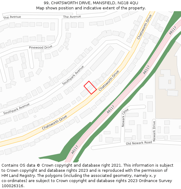 99, CHATSWORTH DRIVE, MANSFIELD, NG18 4QU: Location map and indicative extent of plot