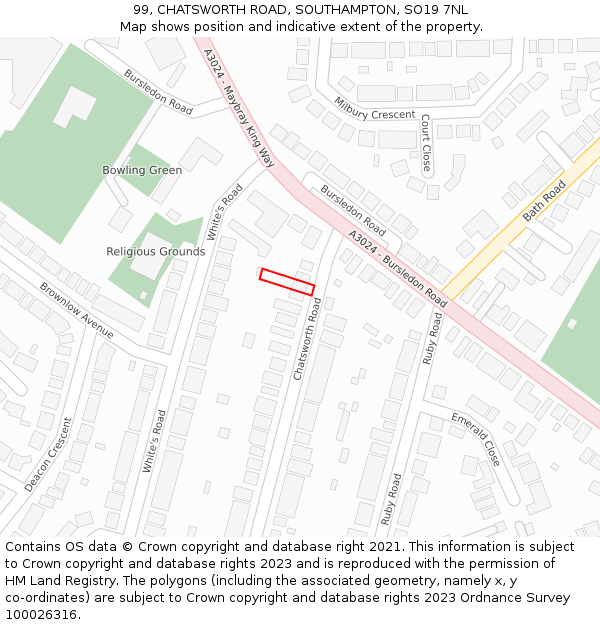 99, CHATSWORTH ROAD, SOUTHAMPTON, SO19 7NL: Location map and indicative extent of plot