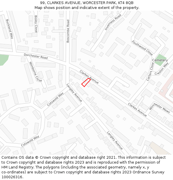 99, CLARKES AVENUE, WORCESTER PARK, KT4 8QB: Location map and indicative extent of plot