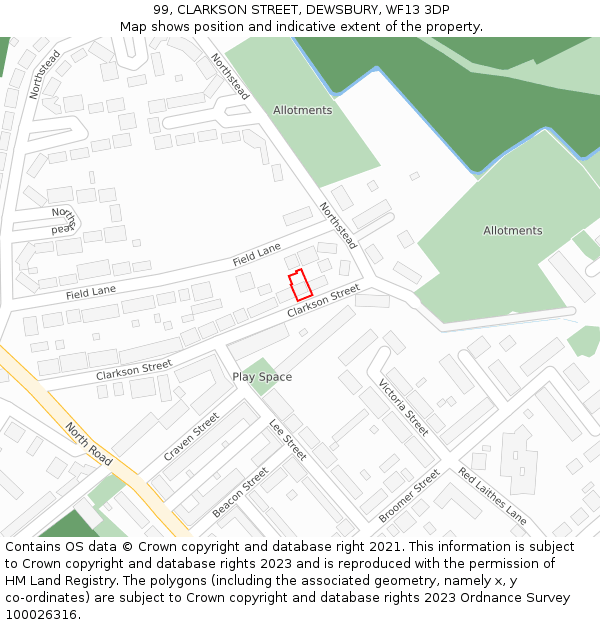 99, CLARKSON STREET, DEWSBURY, WF13 3DP: Location map and indicative extent of plot