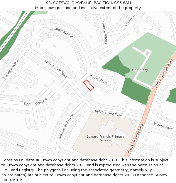 99, COTSWOLD AVENUE, RAYLEIGH, SS6 8AN: Location map and indicative extent of plot