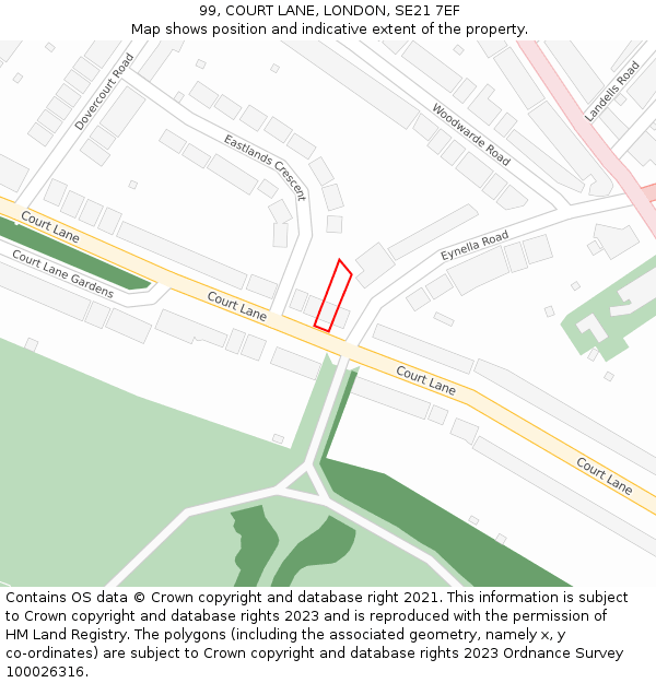 99, COURT LANE, LONDON, SE21 7EF: Location map and indicative extent of plot