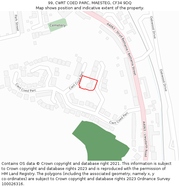 99, CWRT COED PARC, MAESTEG, CF34 9DQ: Location map and indicative extent of plot