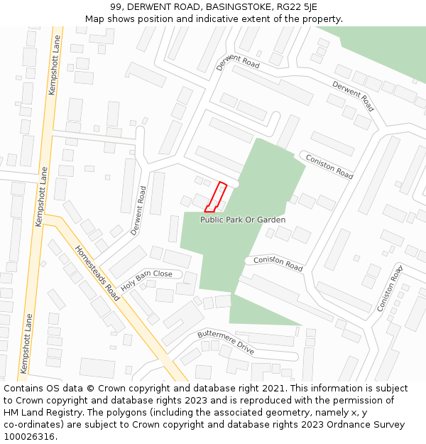 99, DERWENT ROAD, BASINGSTOKE, RG22 5JE: Location map and indicative extent of plot