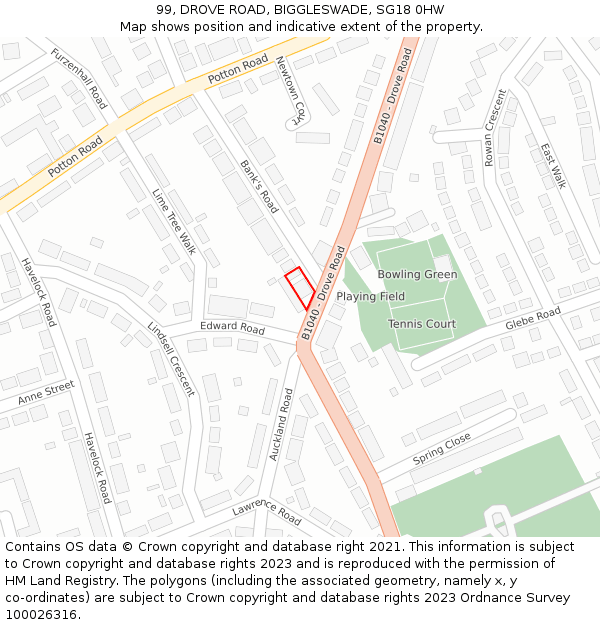 99, DROVE ROAD, BIGGLESWADE, SG18 0HW: Location map and indicative extent of plot