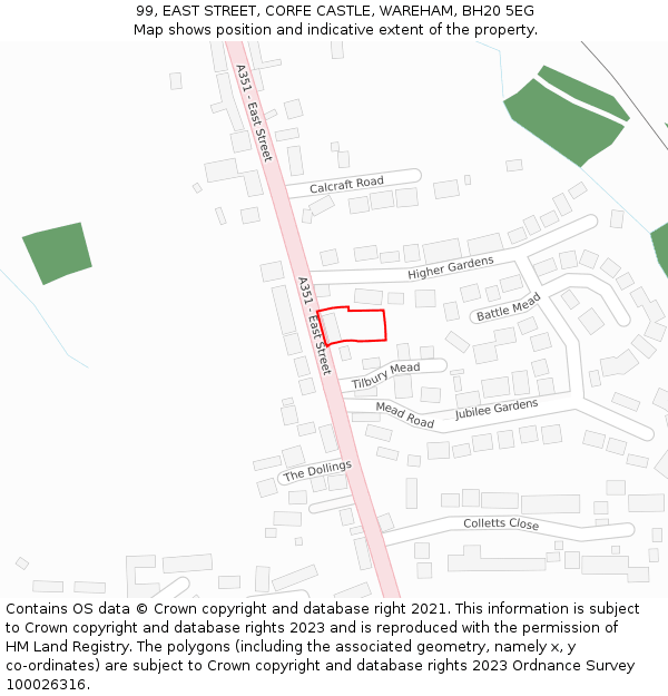 99, EAST STREET, CORFE CASTLE, WAREHAM, BH20 5EG: Location map and indicative extent of plot