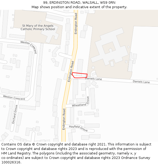 99, ERDINGTON ROAD, WALSALL, WS9 0RN: Location map and indicative extent of plot