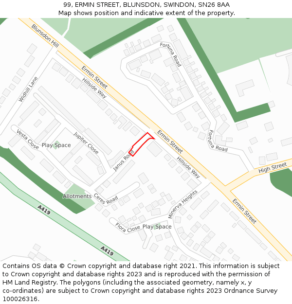 99, ERMIN STREET, BLUNSDON, SWINDON, SN26 8AA: Location map and indicative extent of plot