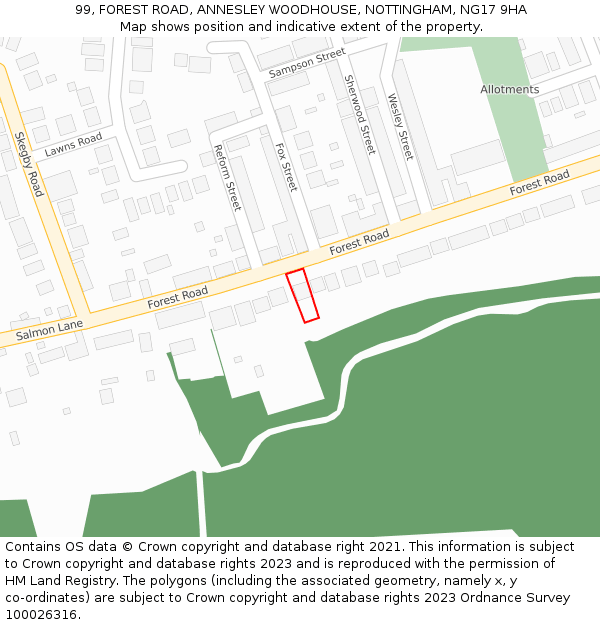 99, FOREST ROAD, ANNESLEY WOODHOUSE, NOTTINGHAM, NG17 9HA: Location map and indicative extent of plot