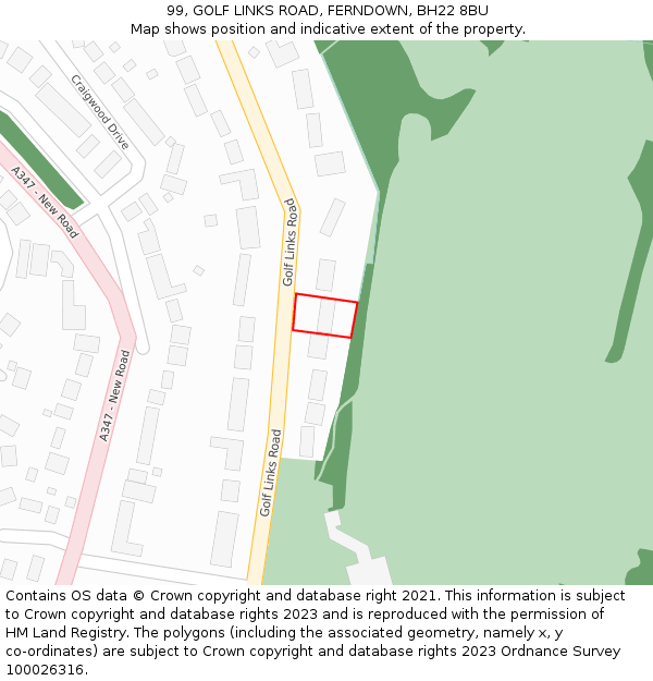 99, GOLF LINKS ROAD, FERNDOWN, BH22 8BU: Location map and indicative extent of plot