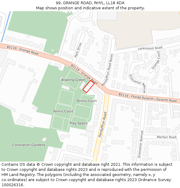 99, GRANGE ROAD, RHYL, LL18 4DA: Location map and indicative extent of plot
