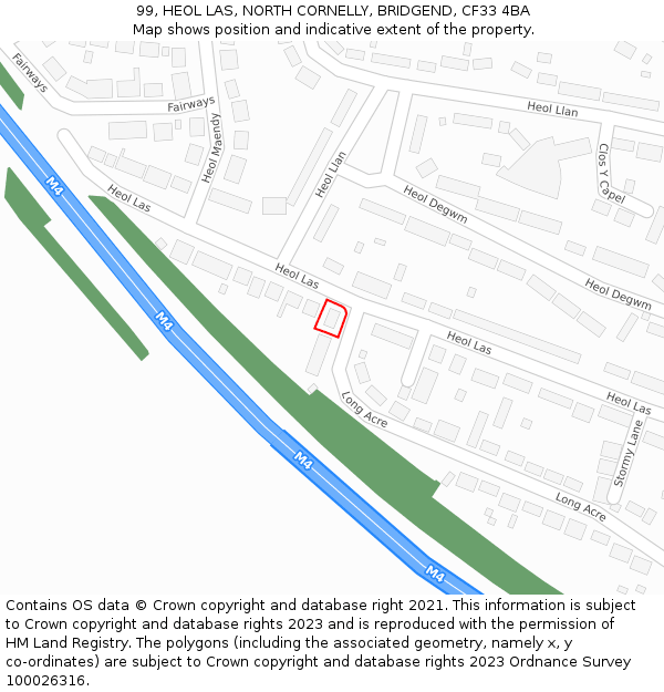 99, HEOL LAS, NORTH CORNELLY, BRIDGEND, CF33 4BA: Location map and indicative extent of plot