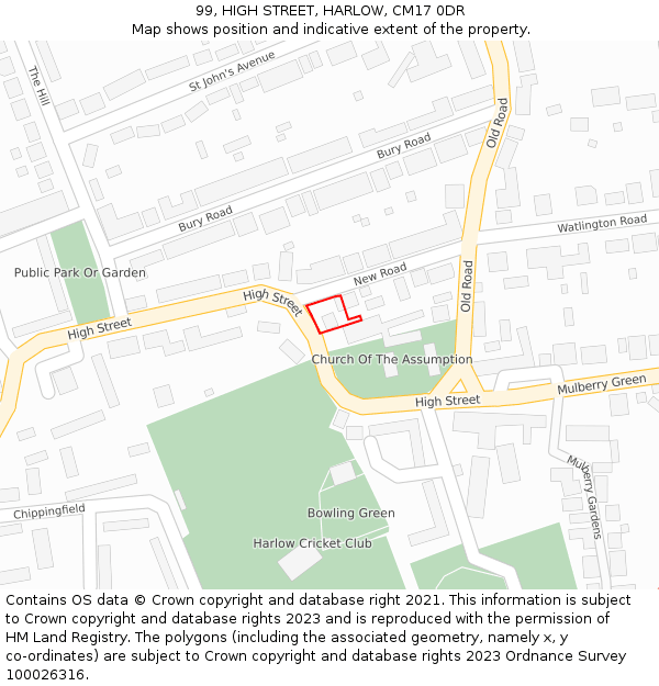 99, HIGH STREET, HARLOW, CM17 0DR: Location map and indicative extent of plot
