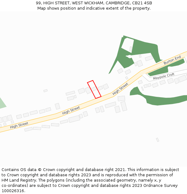 99, HIGH STREET, WEST WICKHAM, CAMBRIDGE, CB21 4SB: Location map and indicative extent of plot