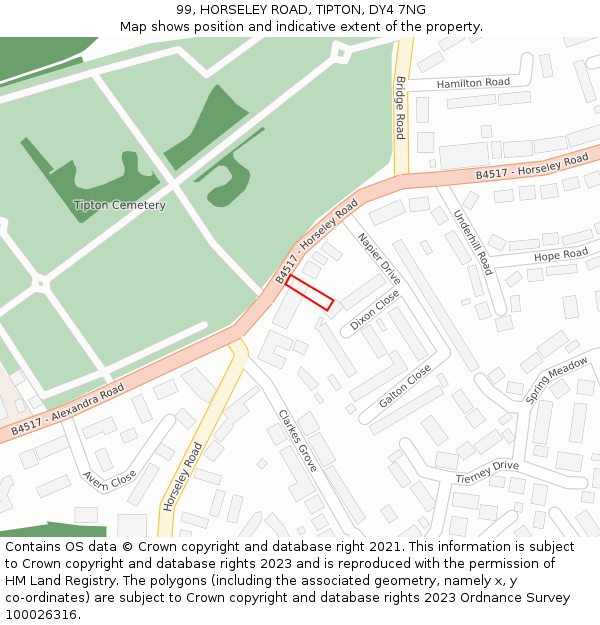 99, HORSELEY ROAD, TIPTON, DY4 7NG: Location map and indicative extent of plot