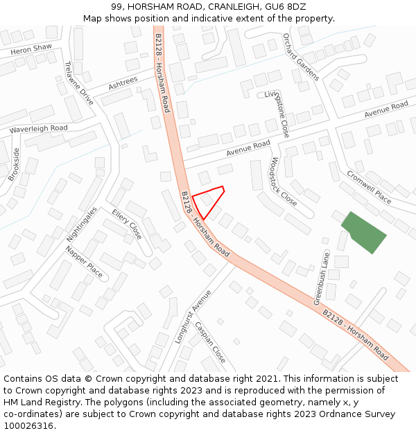 99, HORSHAM ROAD, CRANLEIGH, GU6 8DZ: Location map and indicative extent of plot