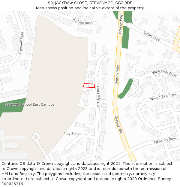 99, JACKDAW CLOSE, STEVENAGE, SG2 9DB: Location map and indicative extent of plot