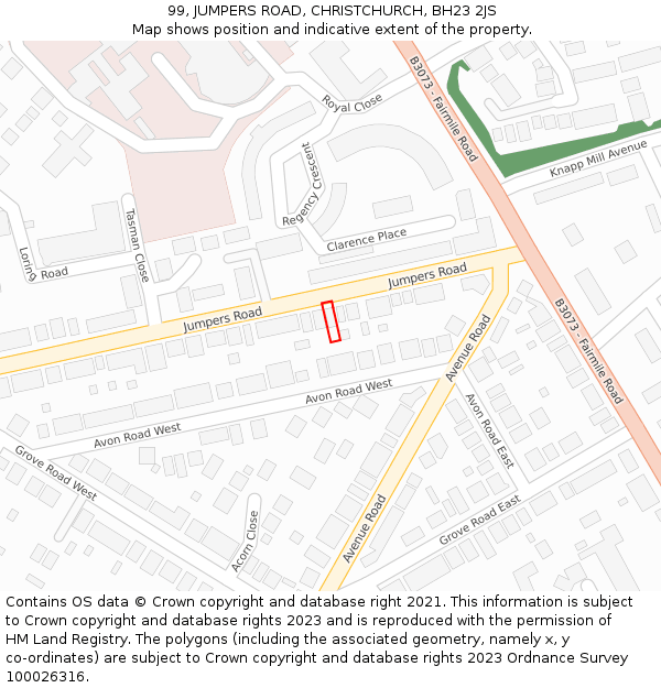 99, JUMPERS ROAD, CHRISTCHURCH, BH23 2JS: Location map and indicative extent of plot