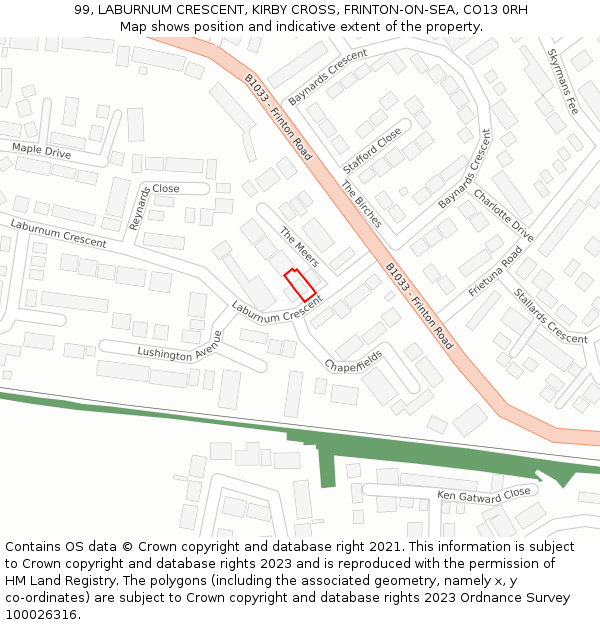 99, LABURNUM CRESCENT, KIRBY CROSS, FRINTON-ON-SEA, CO13 0RH: Location map and indicative extent of plot