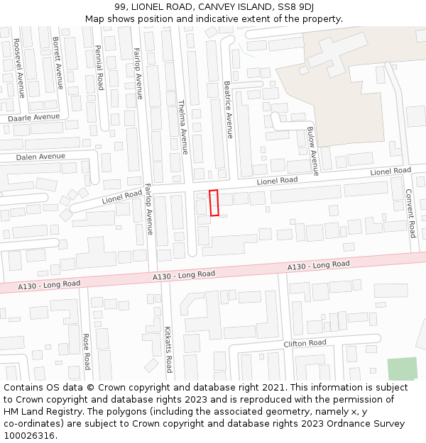 99, LIONEL ROAD, CANVEY ISLAND, SS8 9DJ: Location map and indicative extent of plot