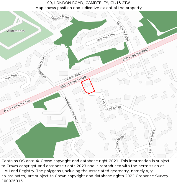 99, LONDON ROAD, CAMBERLEY, GU15 3TW: Location map and indicative extent of plot