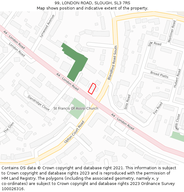 99, LONDON ROAD, SLOUGH, SL3 7RS: Location map and indicative extent of plot