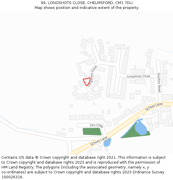 99, LONGSHOTS CLOSE, CHELMSFORD, CM1 7DU: Location map and indicative extent of plot