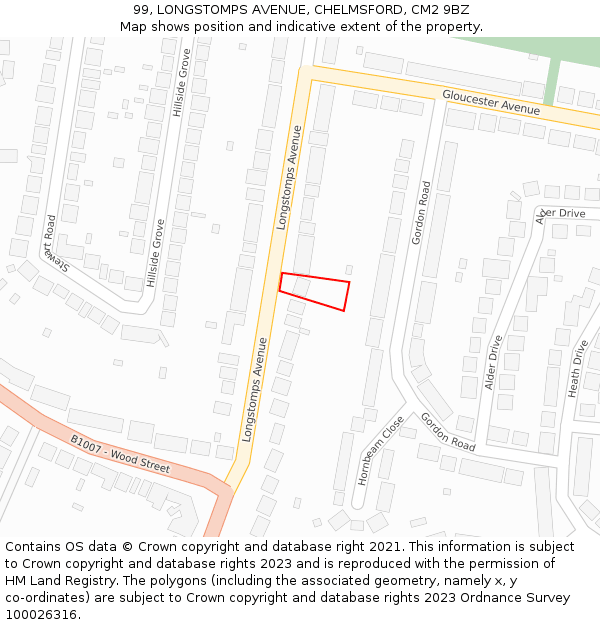 99, LONGSTOMPS AVENUE, CHELMSFORD, CM2 9BZ: Location map and indicative extent of plot