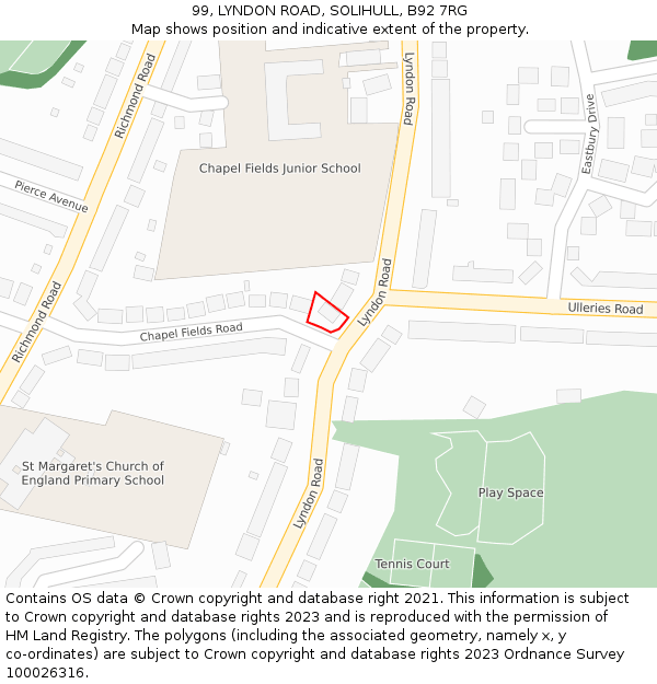 99, LYNDON ROAD, SOLIHULL, B92 7RG: Location map and indicative extent of plot