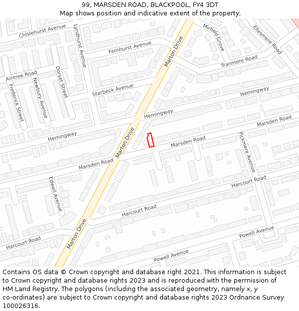 99, MARSDEN ROAD, BLACKPOOL, FY4 3DT: Location map and indicative extent of plot