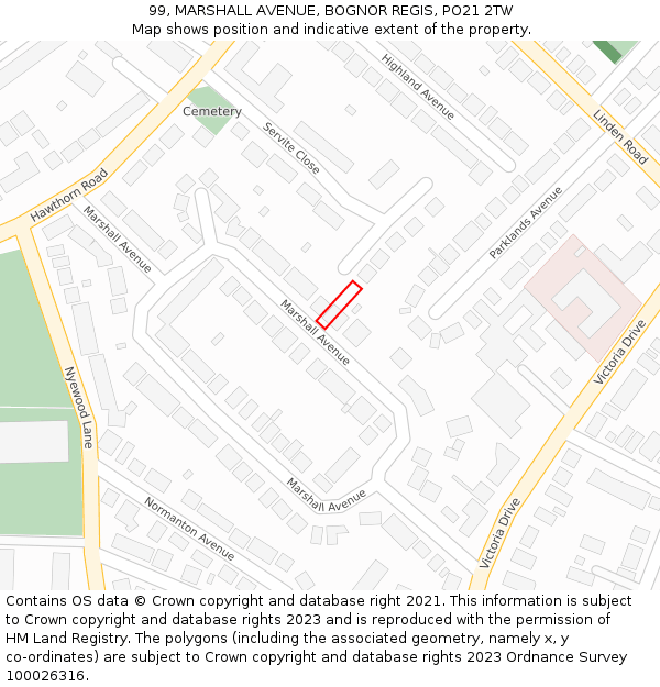 99, MARSHALL AVENUE, BOGNOR REGIS, PO21 2TW: Location map and indicative extent of plot