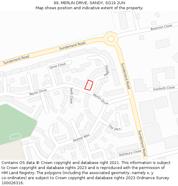 99, MERLIN DRIVE, SANDY, SG19 2UN: Location map and indicative extent of plot