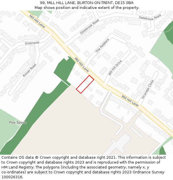 99, MILL HILL LANE, BURTON-ON-TRENT, DE15 0BA: Location map and indicative extent of plot