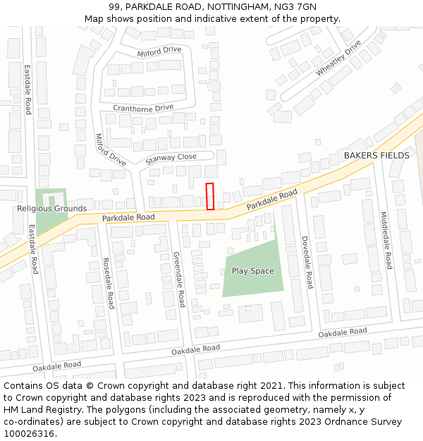 99, PARKDALE ROAD, NOTTINGHAM, NG3 7GN: Location map and indicative extent of plot