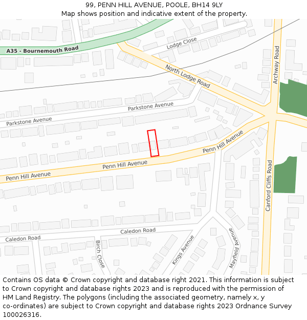 99, PENN HILL AVENUE, POOLE, BH14 9LY: Location map and indicative extent of plot