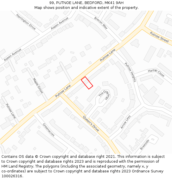 99, PUTNOE LANE, BEDFORD, MK41 9AH: Location map and indicative extent of plot