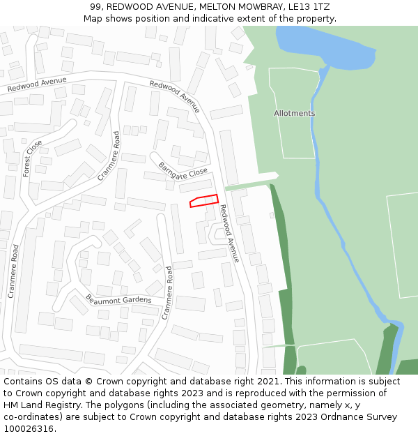 99, REDWOOD AVENUE, MELTON MOWBRAY, LE13 1TZ: Location map and indicative extent of plot