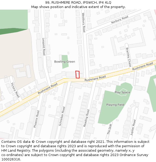 99, RUSHMERE ROAD, IPSWICH, IP4 4LQ: Location map and indicative extent of plot