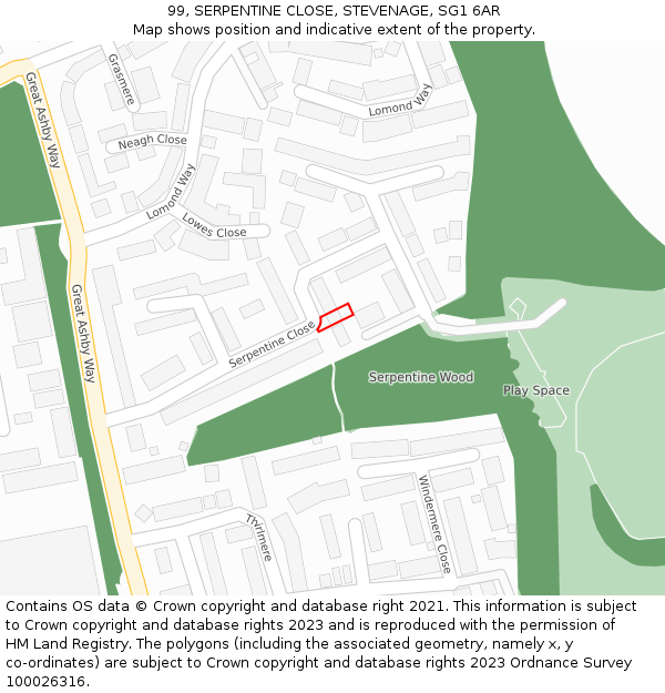 99, SERPENTINE CLOSE, STEVENAGE, SG1 6AR: Location map and indicative extent of plot