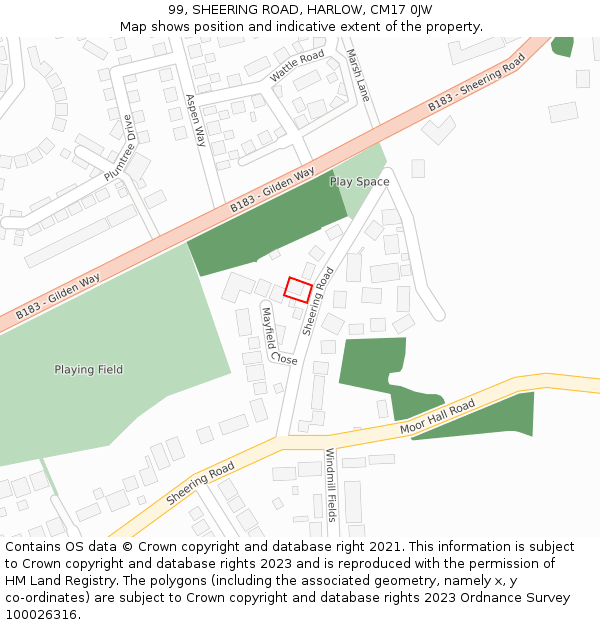 99, SHEERING ROAD, HARLOW, CM17 0JW: Location map and indicative extent of plot