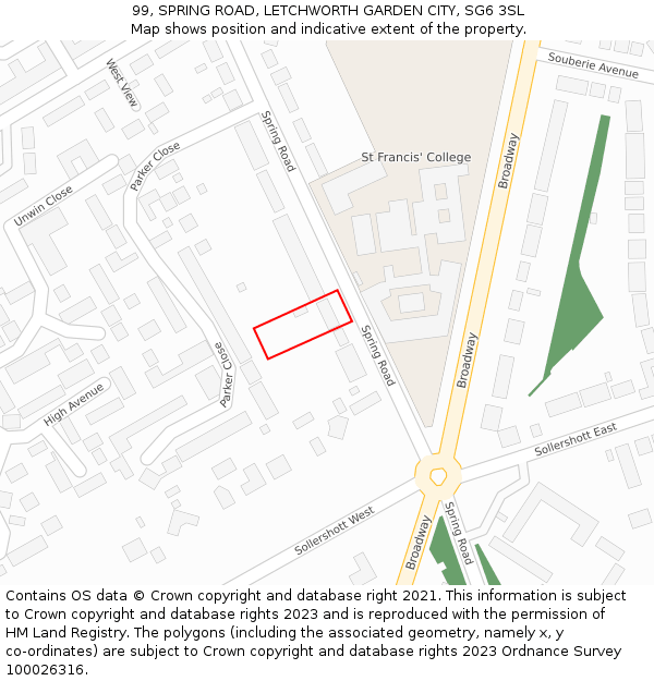 99, SPRING ROAD, LETCHWORTH GARDEN CITY, SG6 3SL: Location map and indicative extent of plot