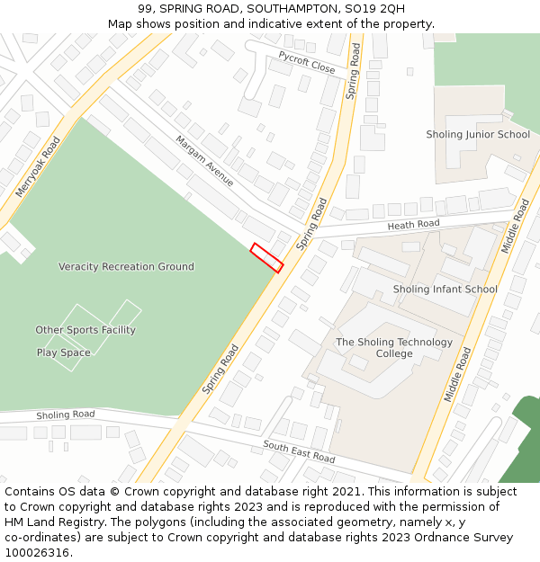 99, SPRING ROAD, SOUTHAMPTON, SO19 2QH: Location map and indicative extent of plot