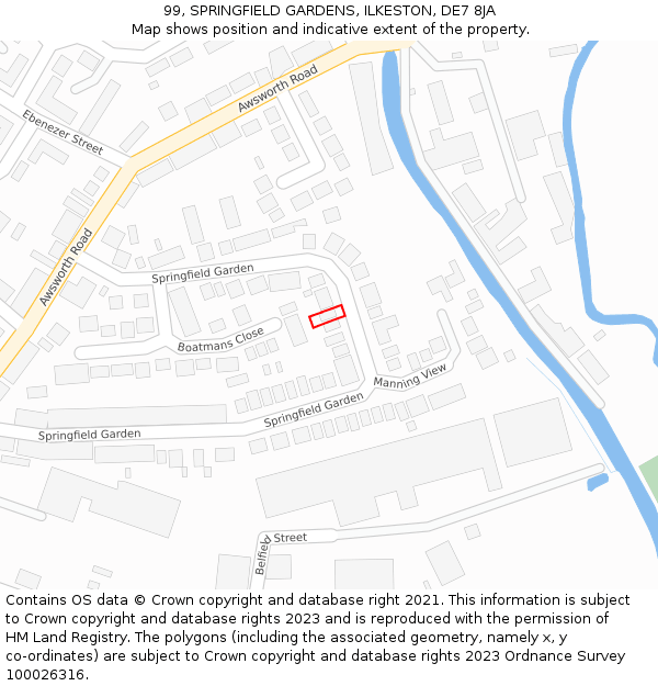 99, SPRINGFIELD GARDENS, ILKESTON, DE7 8JA: Location map and indicative extent of plot