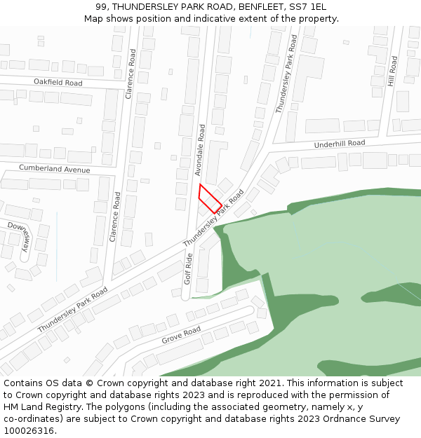 99, THUNDERSLEY PARK ROAD, BENFLEET, SS7 1EL: Location map and indicative extent of plot