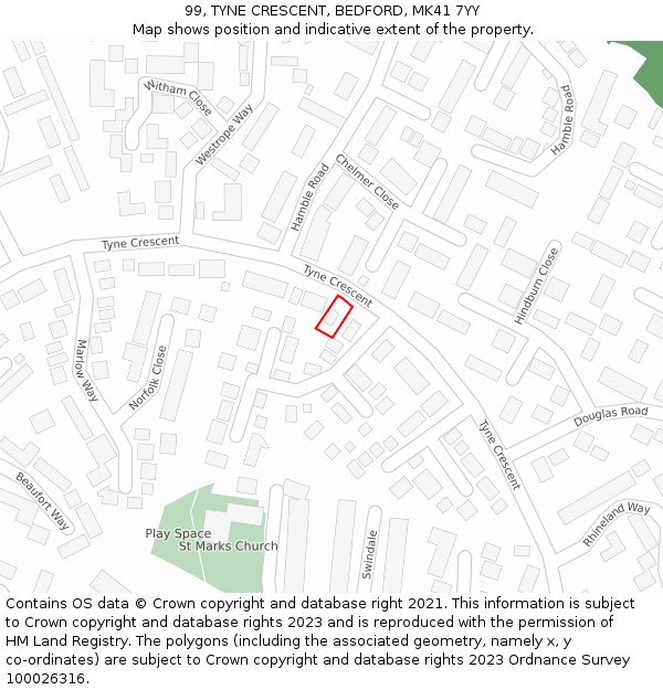 99, TYNE CRESCENT, BEDFORD, MK41 7YY: Location map and indicative extent of plot