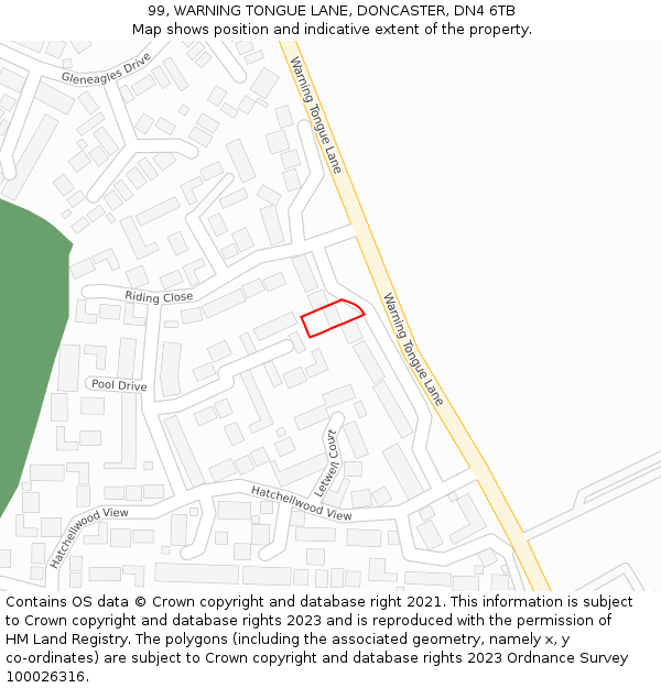 99, WARNING TONGUE LANE, DONCASTER, DN4 6TB: Location map and indicative extent of plot