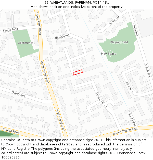 99, WHEATLANDS, FAREHAM, PO14 4SU: Location map and indicative extent of plot