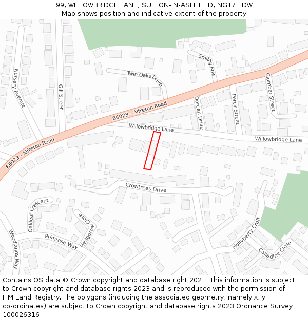 99, WILLOWBRIDGE LANE, SUTTON-IN-ASHFIELD, NG17 1DW: Location map and indicative extent of plot