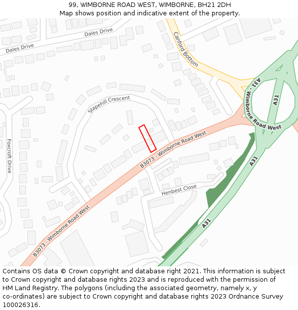 99, WIMBORNE ROAD WEST, WIMBORNE, BH21 2DH: Location map and indicative extent of plot